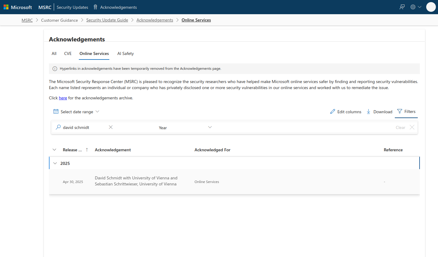 Microsoft acknowledged us for reporting a vulnerability